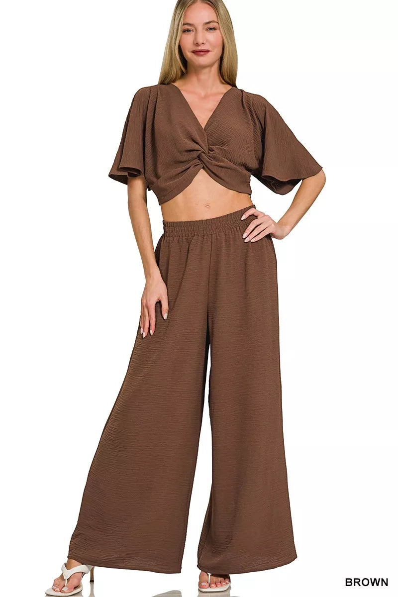 Zenana Woven Airflow Twisted Top & Wide Leg Pants Set