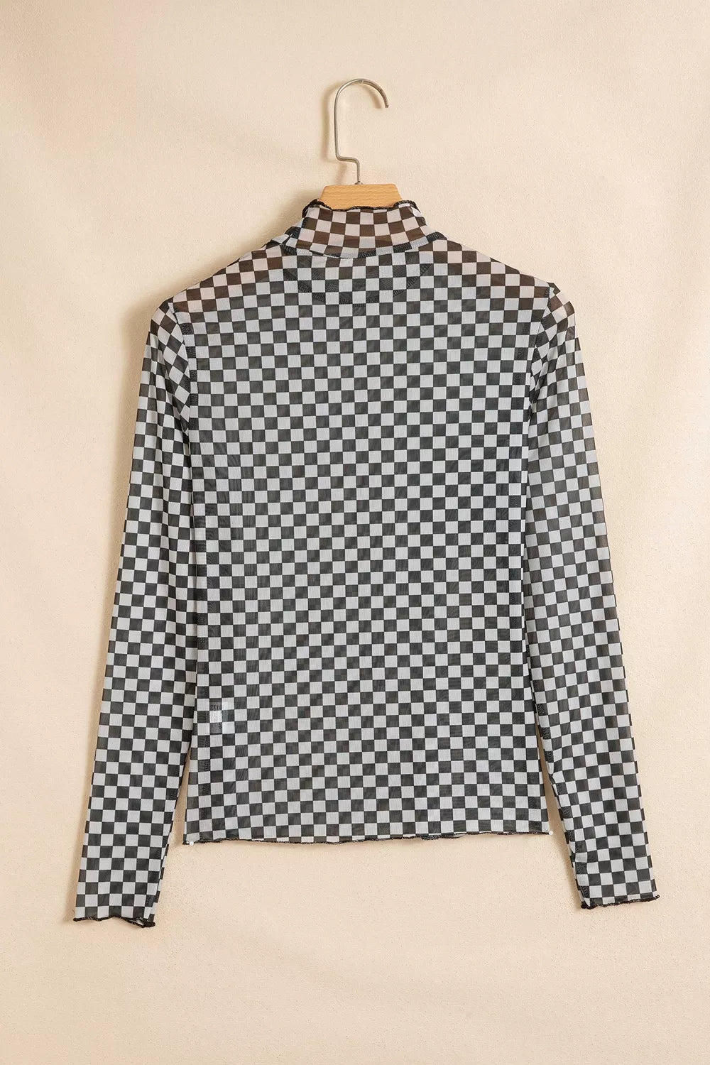 Plaid Stand Neck Long Sleeve Mesh Top