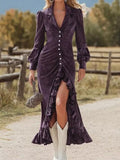 Velvet Ruffle Slit Midi Dress