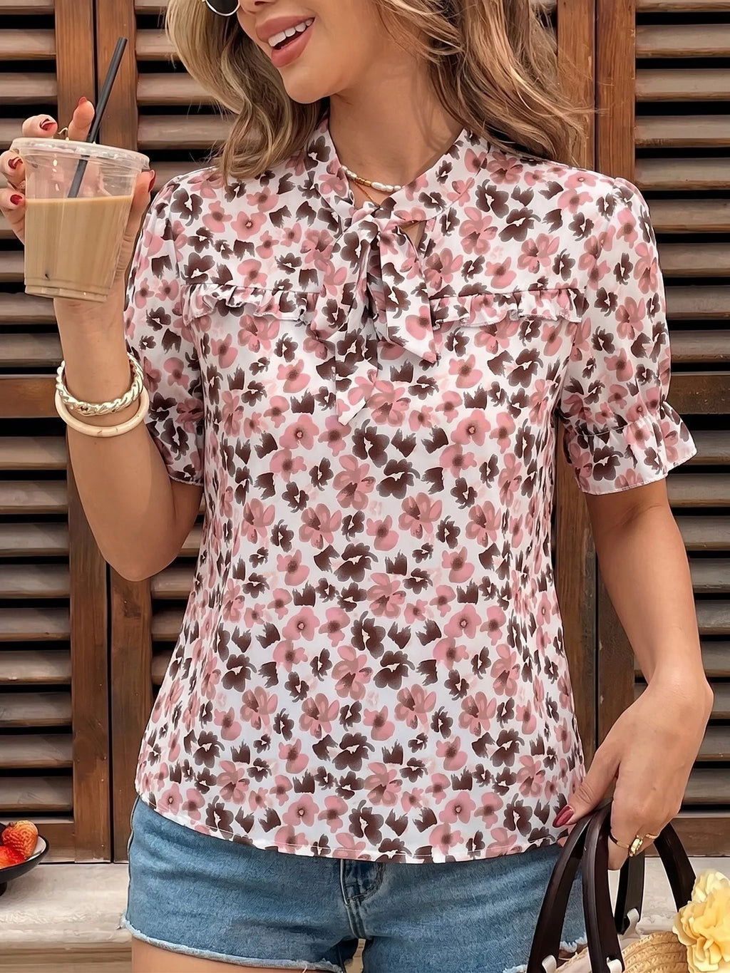 Floral Print Tie Neck Ruffle Blouse