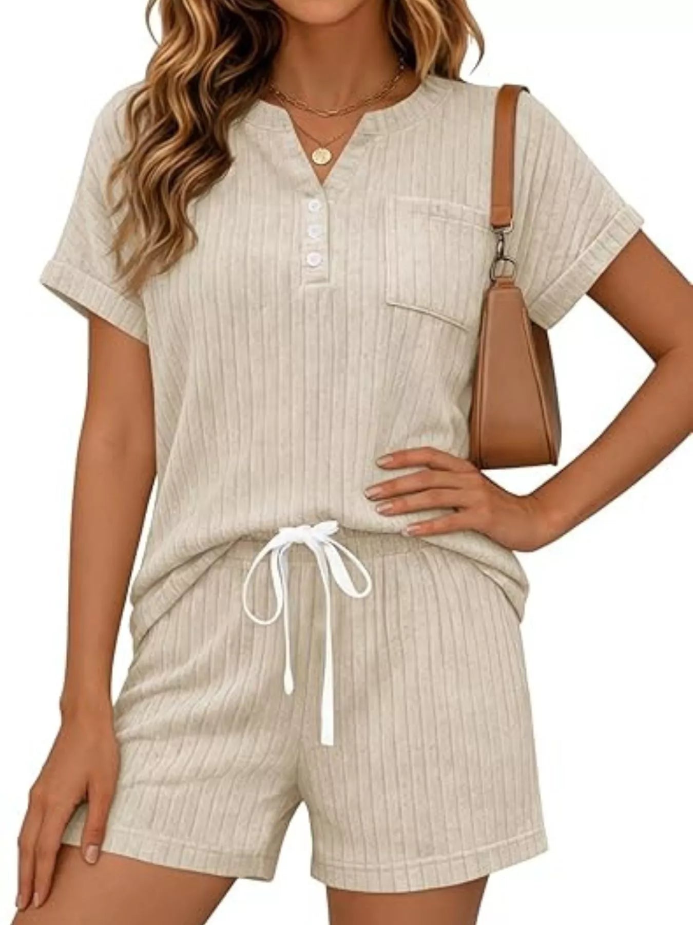Casual Ribbed Knit Tee and Shorts Set