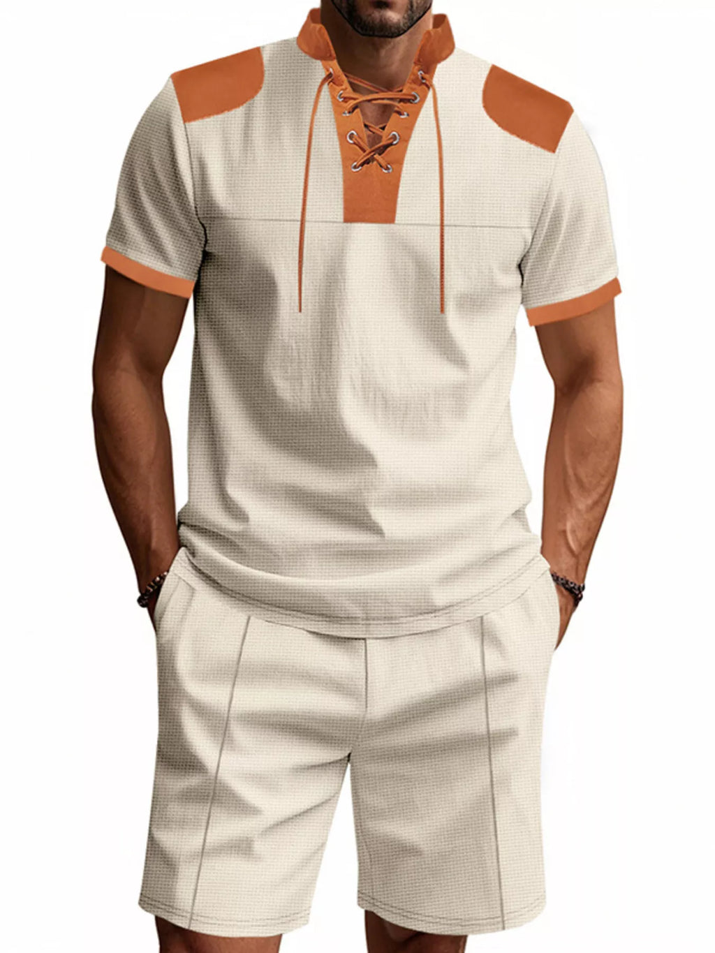 Men's Full Size Lace-Up Collar Casual Top and Shorts Set Plus Size