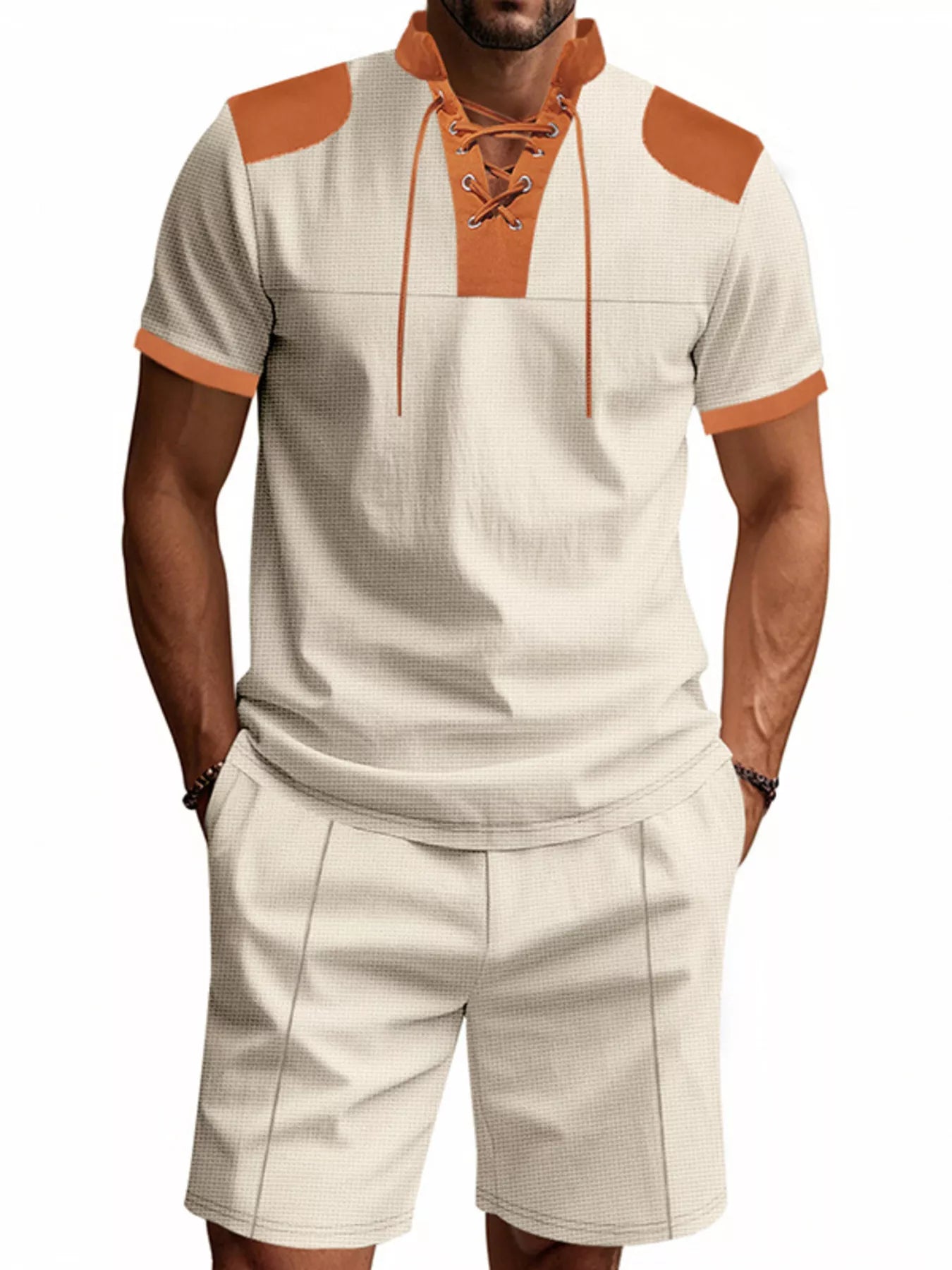 Men's Full Size Lace-Up Collar Casual Top and Shorts Set Plus Size