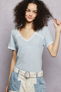 POL Lace Detail V-Neck Short Sleeve Textured T-Shirt