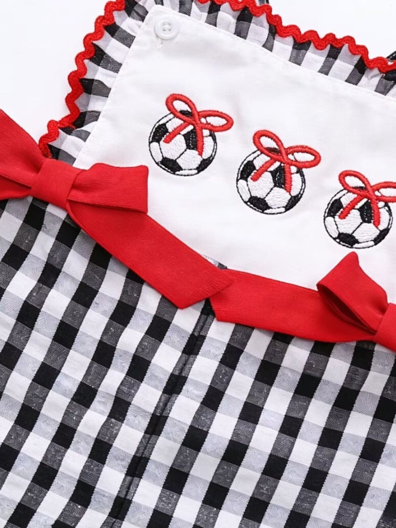 Children's Gingham Soccer Ball Embroidered Ruffle Hem Jumpsuit