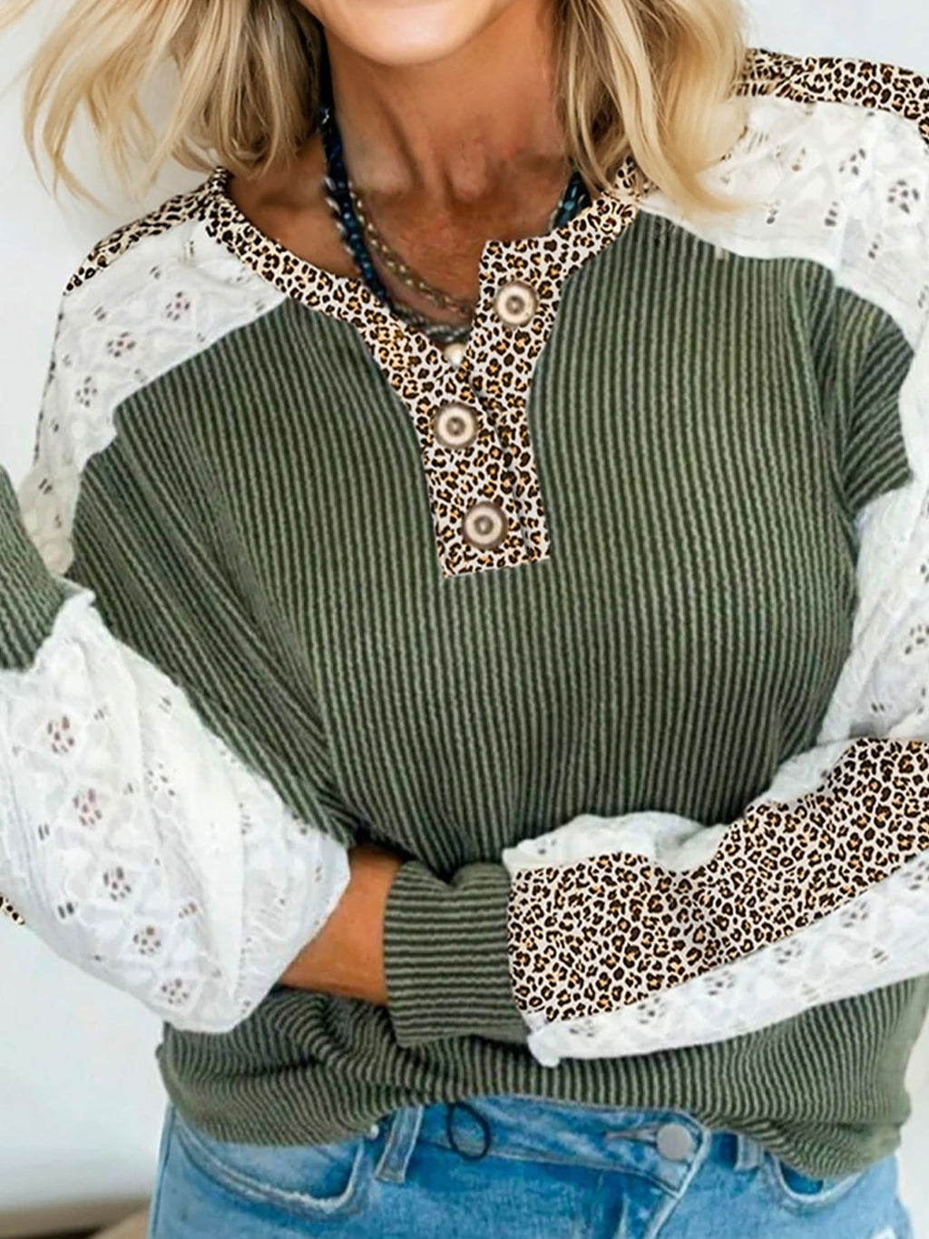 Leopard Trim Raglan Sleeve Top