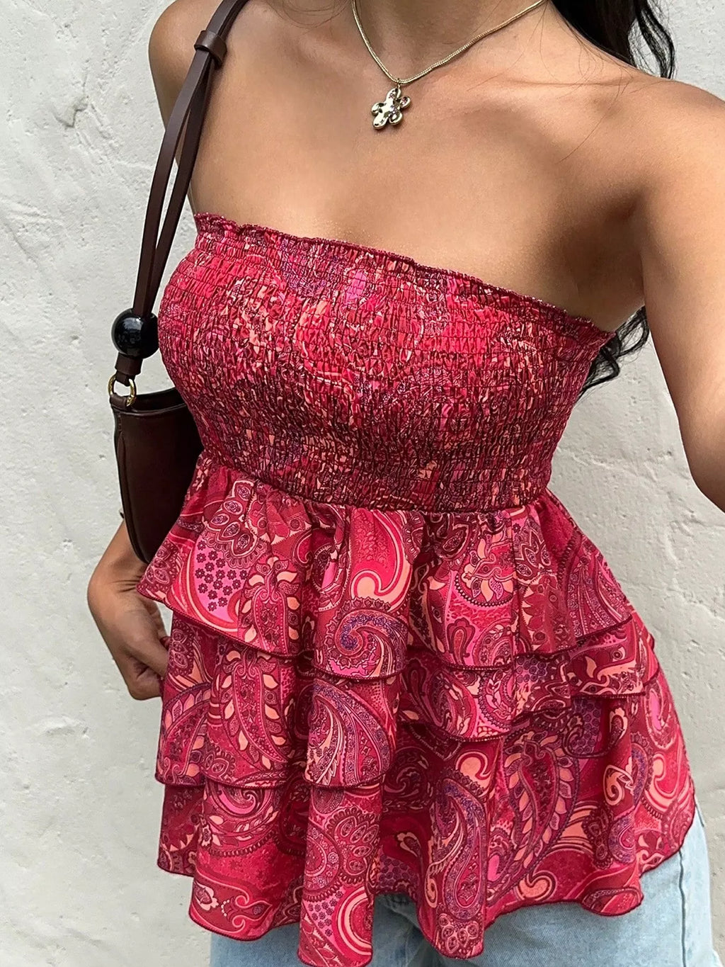 Smocked Layered Paisley Print Tube Top