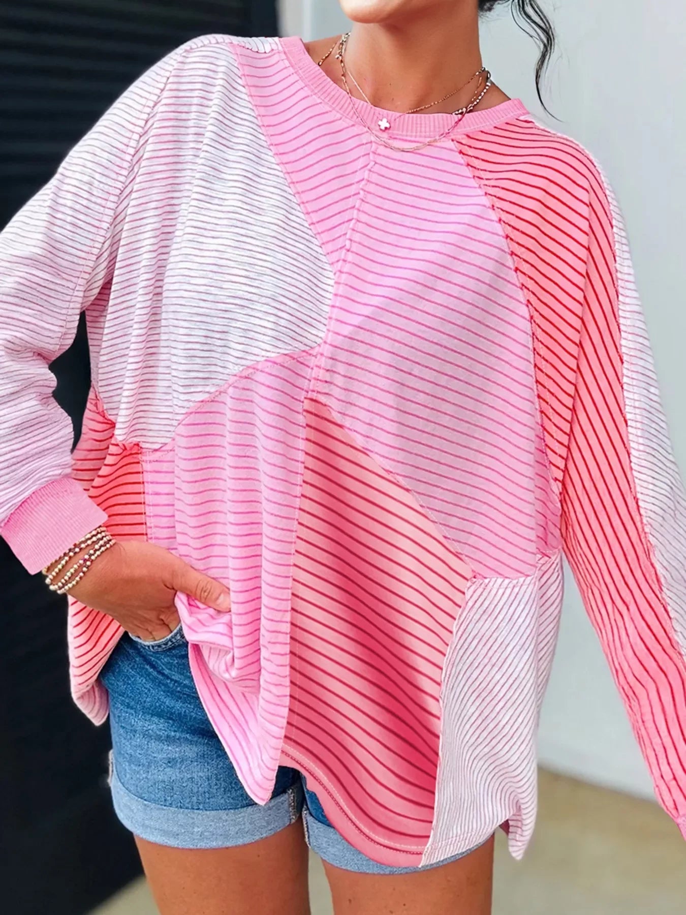 Striped Colorblock Exposed Seam Casual Long Sleeve Top
