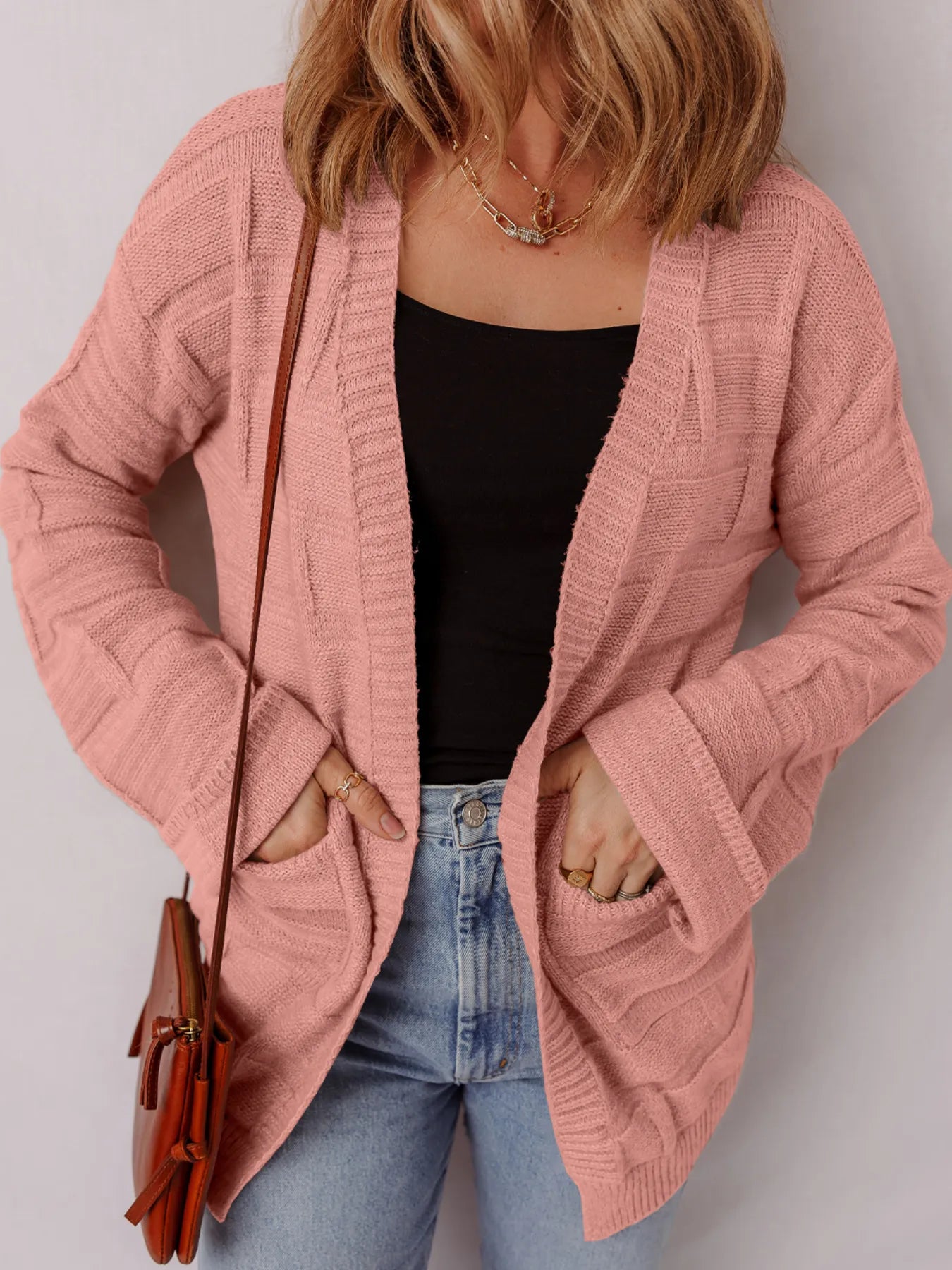 Textured Knit Open Front Cardigan with Pockets