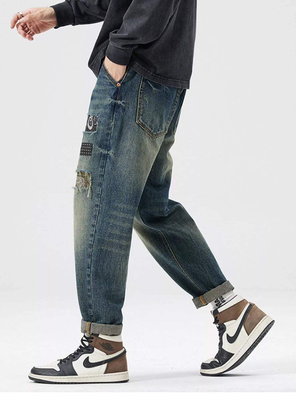 Men's Patchwork Ripped Loose Fit Jeans