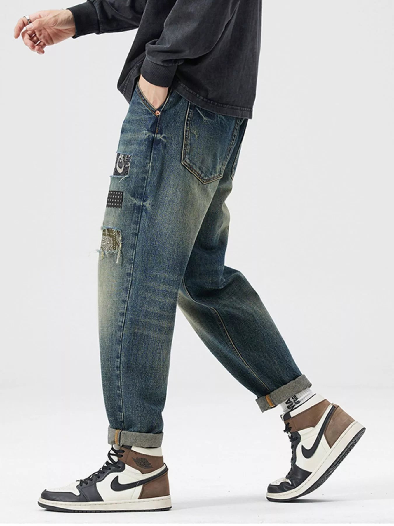 Men's Patchwork Ripped Loose Fit Jeans