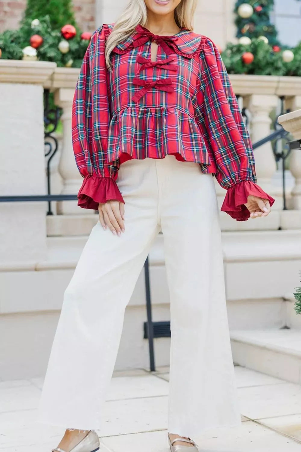 Plaid Tie Neck Ruffle Cuffs Long Sleeve Shift Blouse