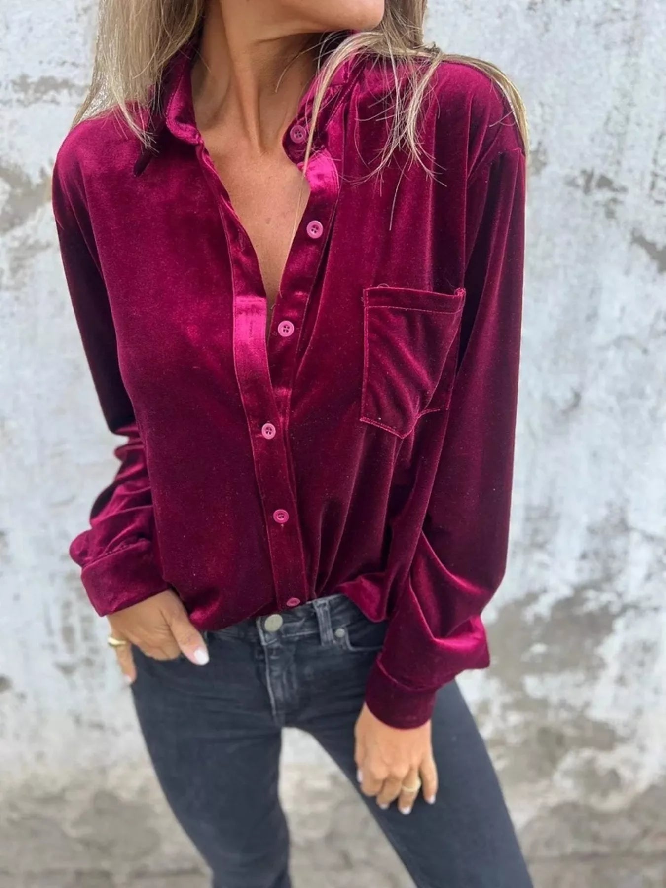Full Size Velvet Button-Up Long Sleeve Shirt Plus Size