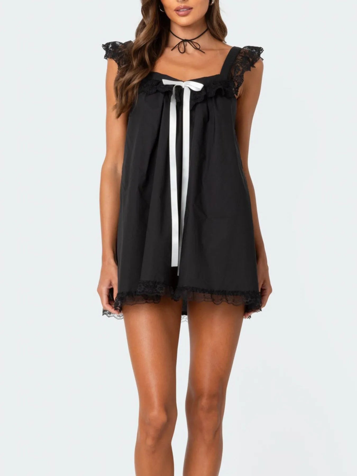 Lace Detail Bow Sleeveless Mini Cami Dress