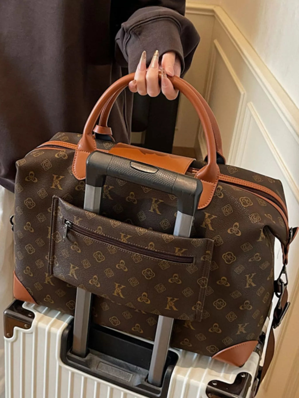 Patterned Leather Trim Crossbody Bag