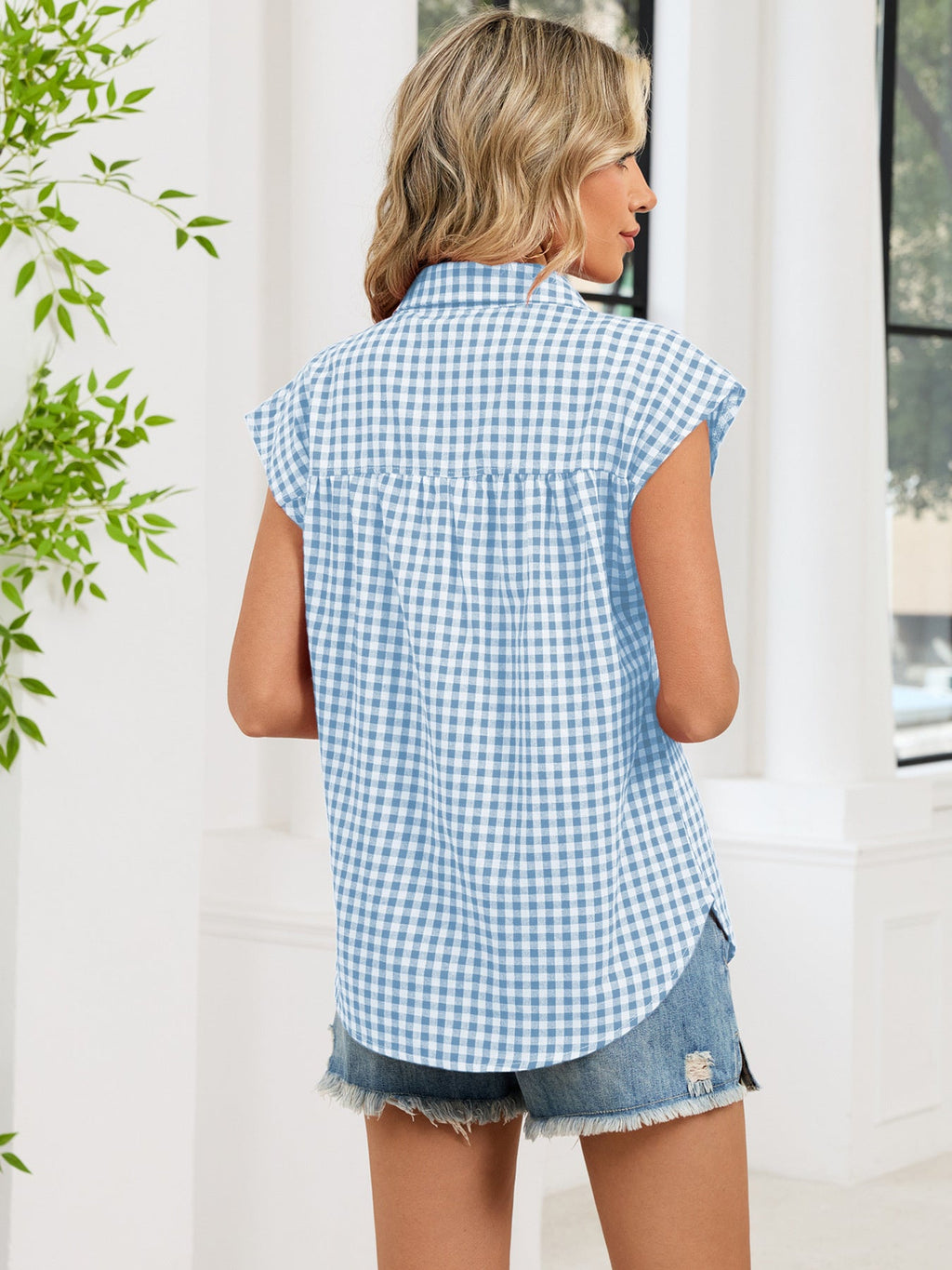 Plaid Button Up Cap Sleeve Shirt