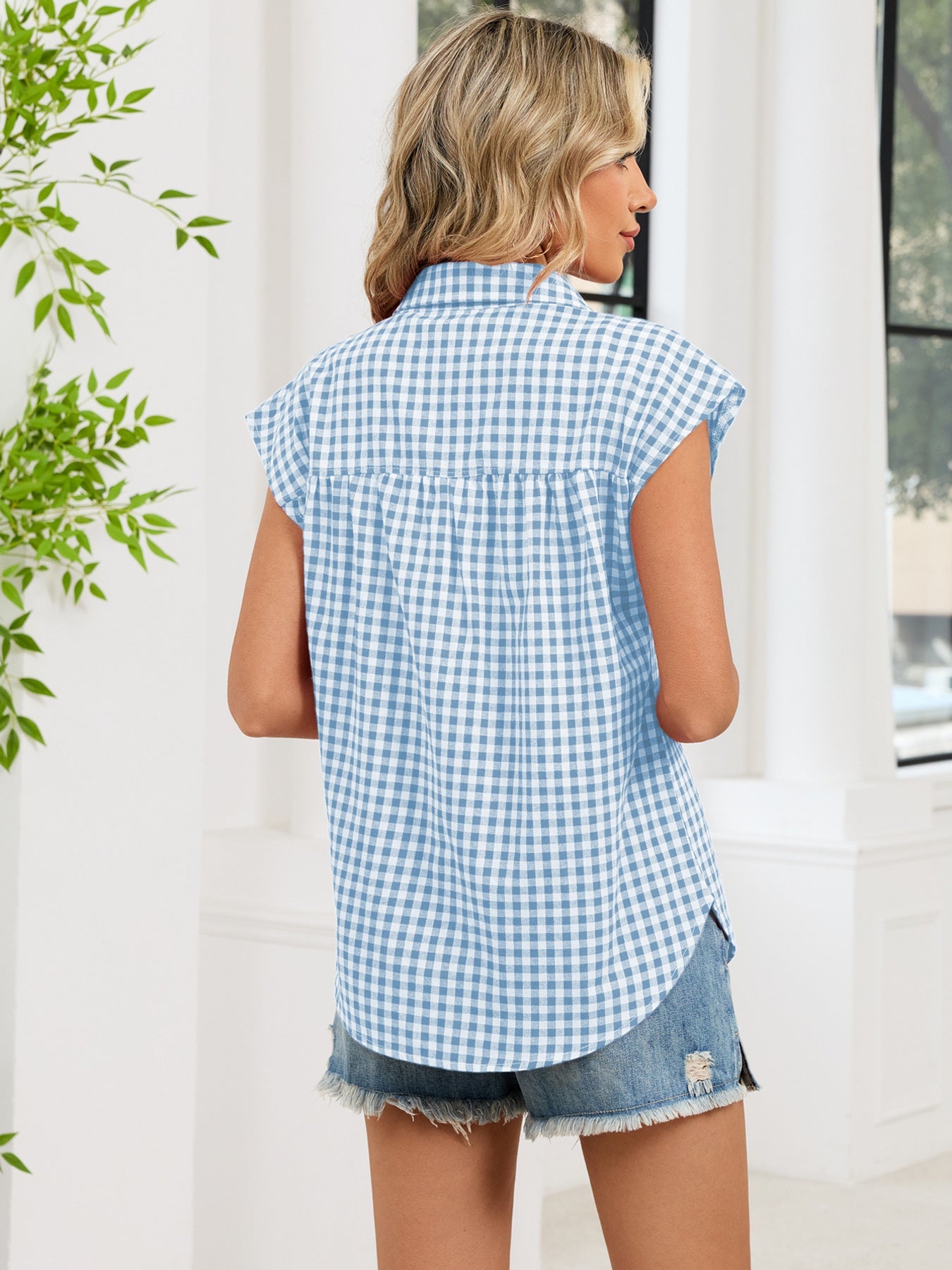 Plaid Button Up Cap Sleeve Shirt