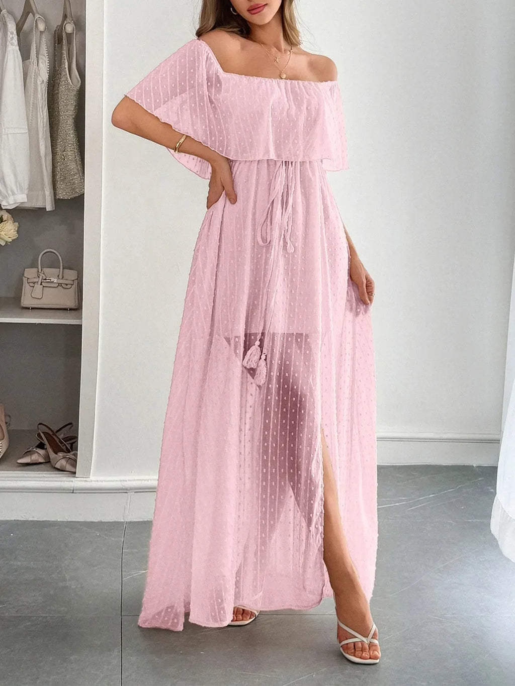 Swiss Dot Off Shoulder Maxi Dress