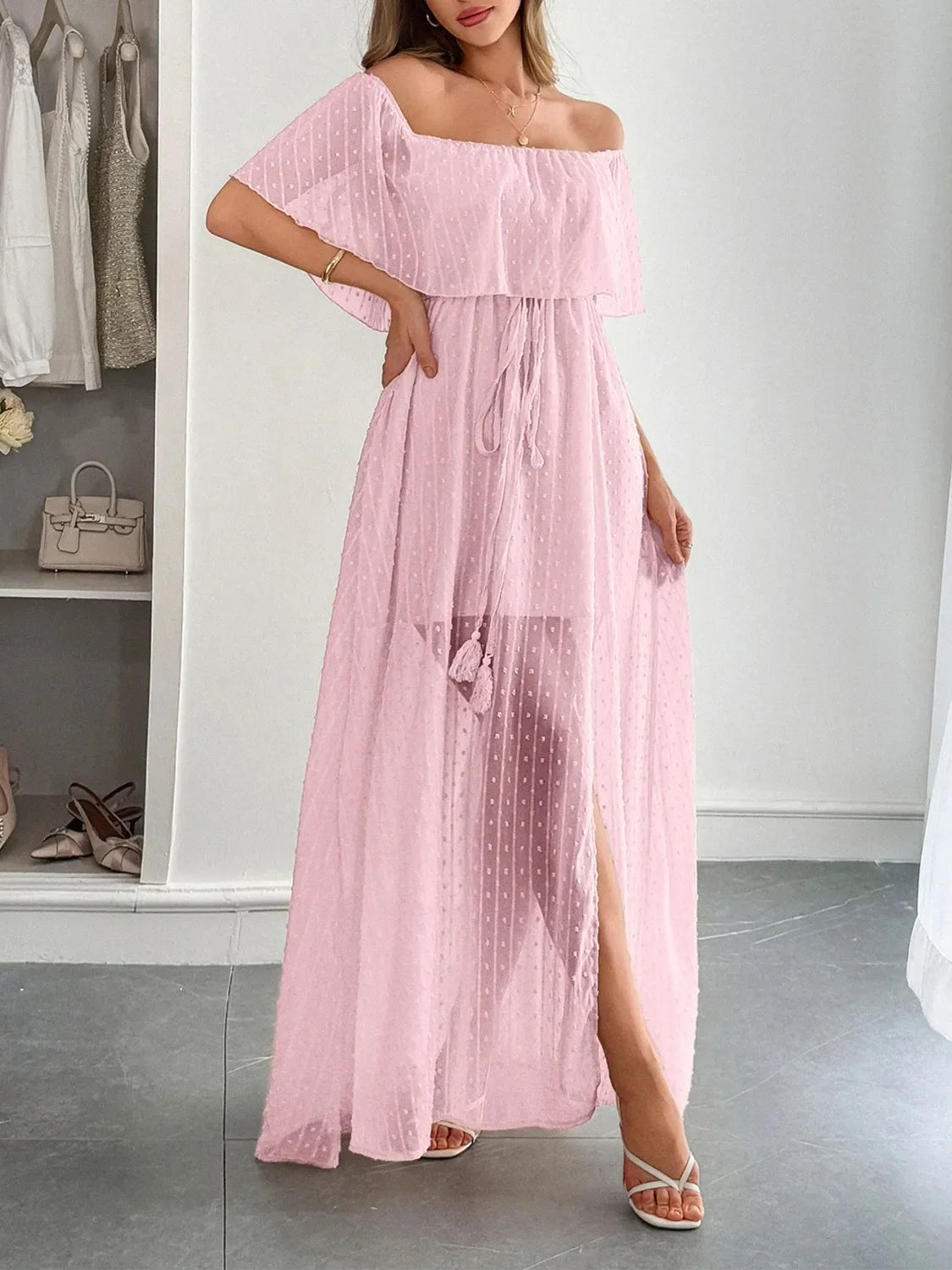 Swiss Dot Off Shoulder Maxi Dress