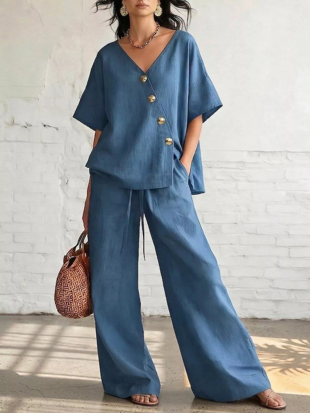 Full Size Surplice Half Sleeve Top and Wide-Leg Pants Set Plus Size