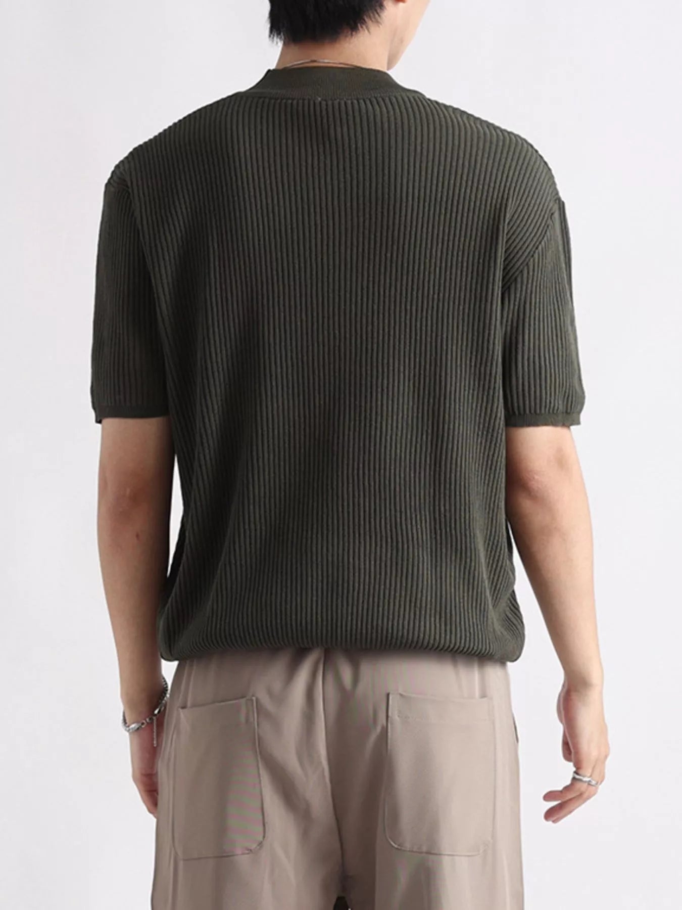 Men's Plus Size Ribbed Knit Mock Neck Short Sleeve T-Shirt