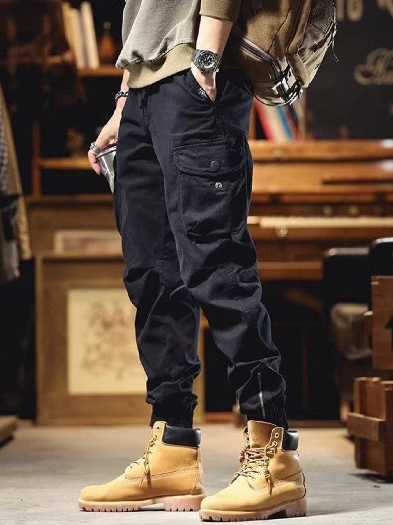 Men's Plus Size Casual Cargo Pants with Elastic Cuff