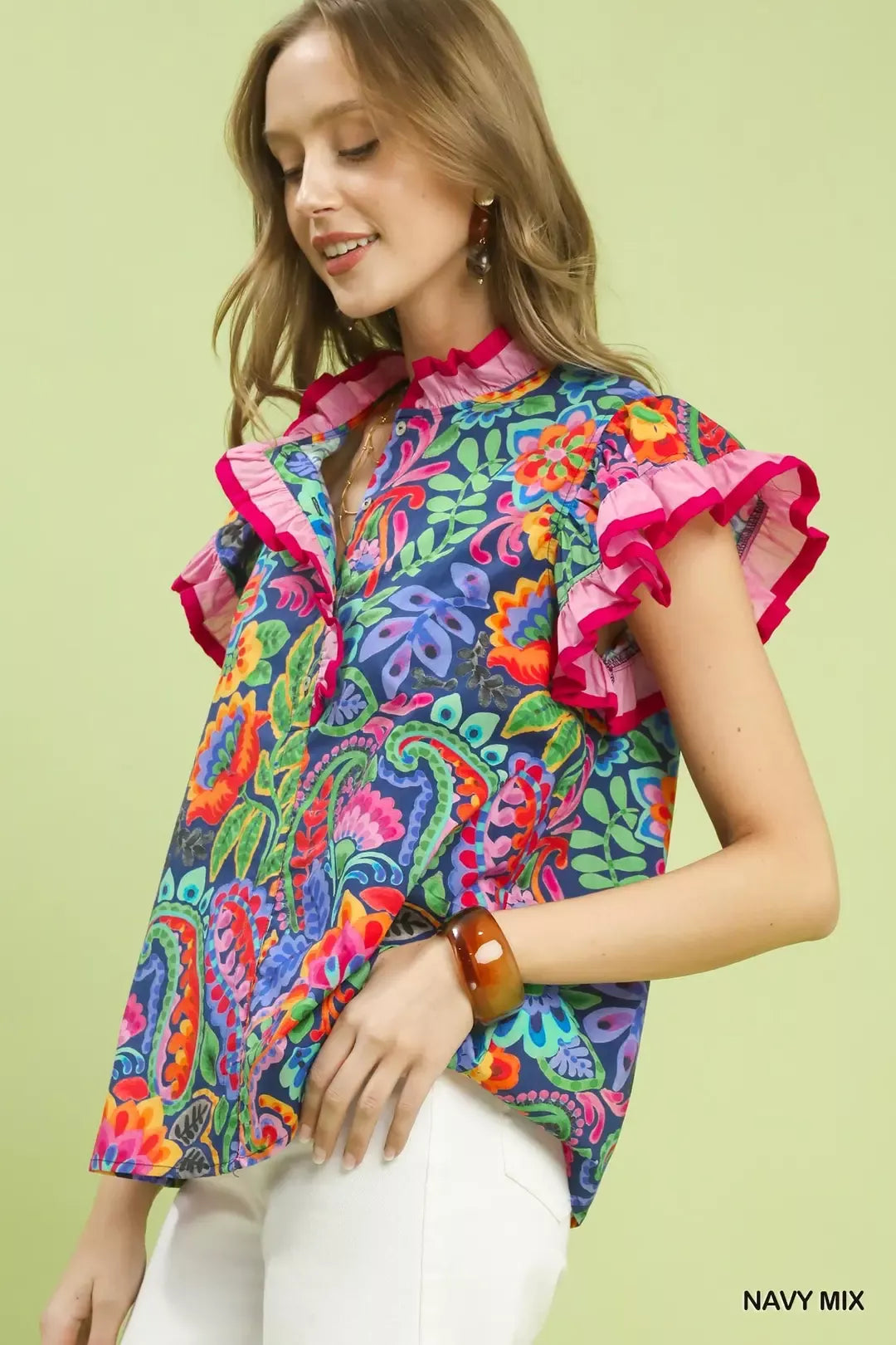 Umgee Ruffle Trim Paisley Floral Top