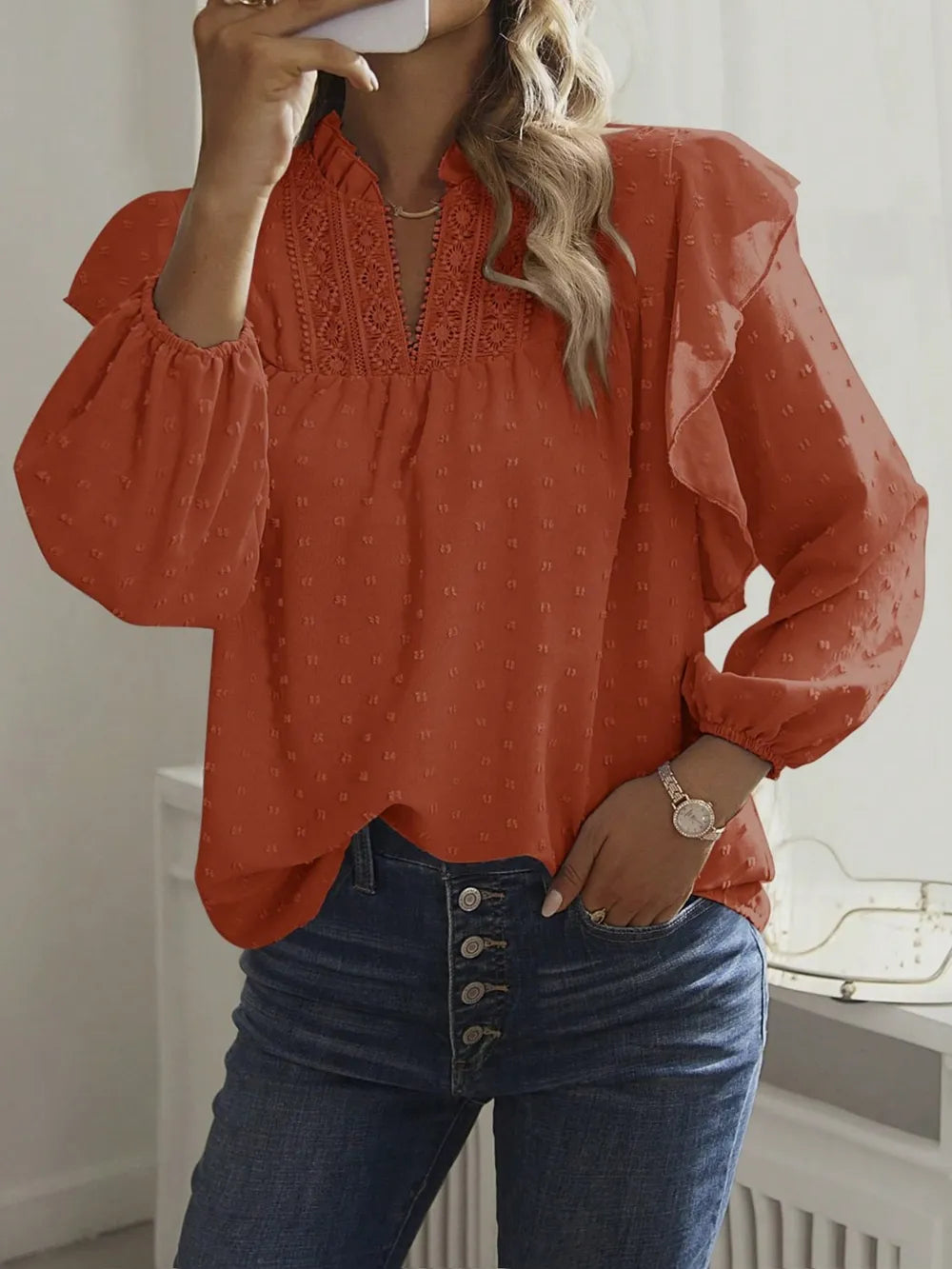 Swiss Dot Ruffled Long Sleeve Blouse