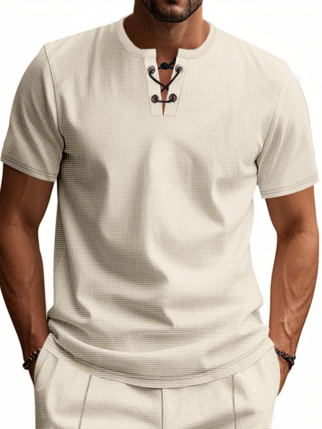 Men's Full Size Lace-Up Neck T-Shirt Plus Size