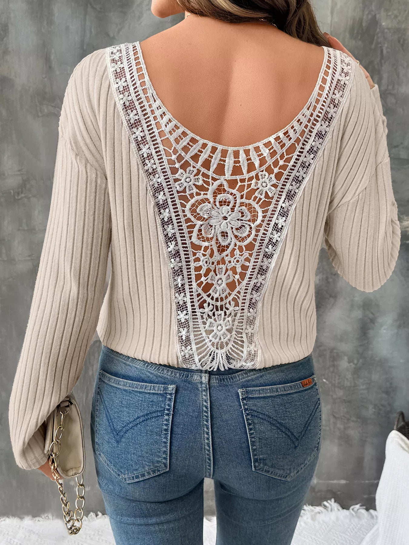 Lace Detail Ribbed Knit Long Sleeve T-Shirt