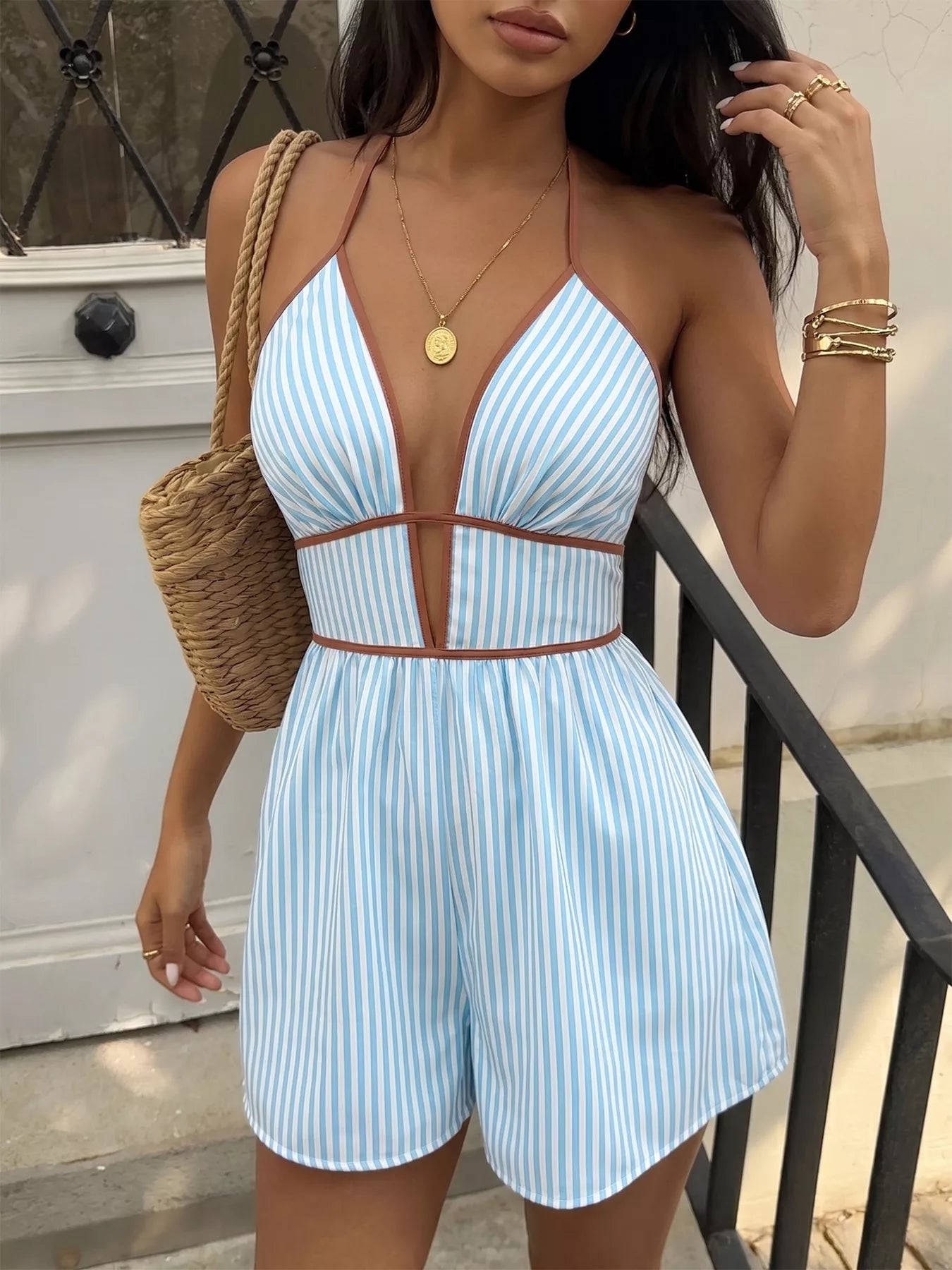 Striped Halter Neck Romper