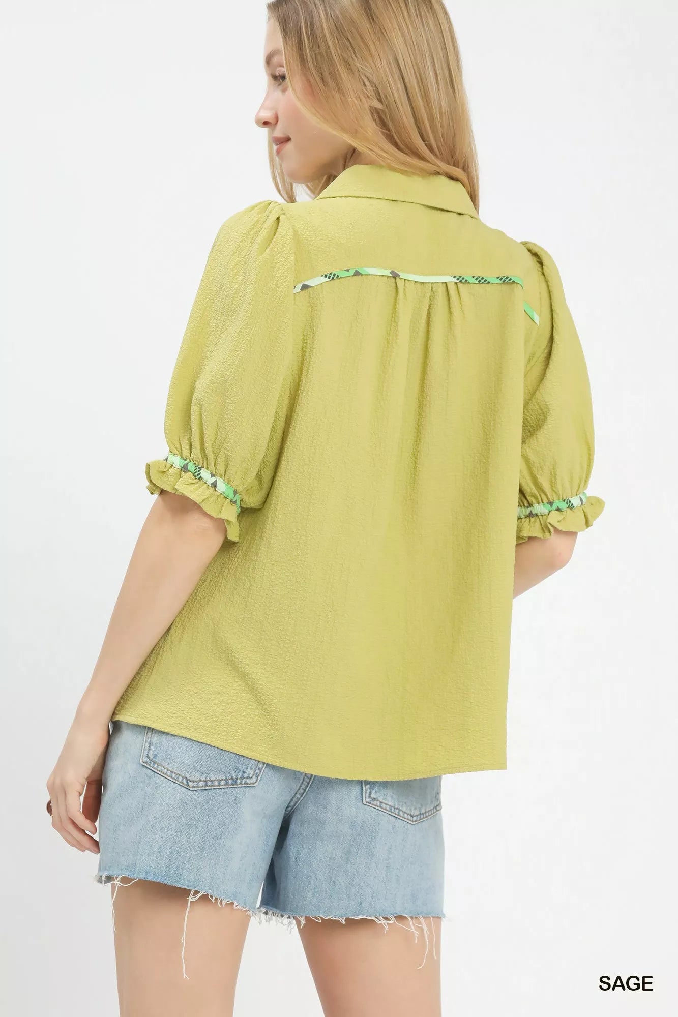 Umgee Scalloped Trim Blouse with Puff Sleeves