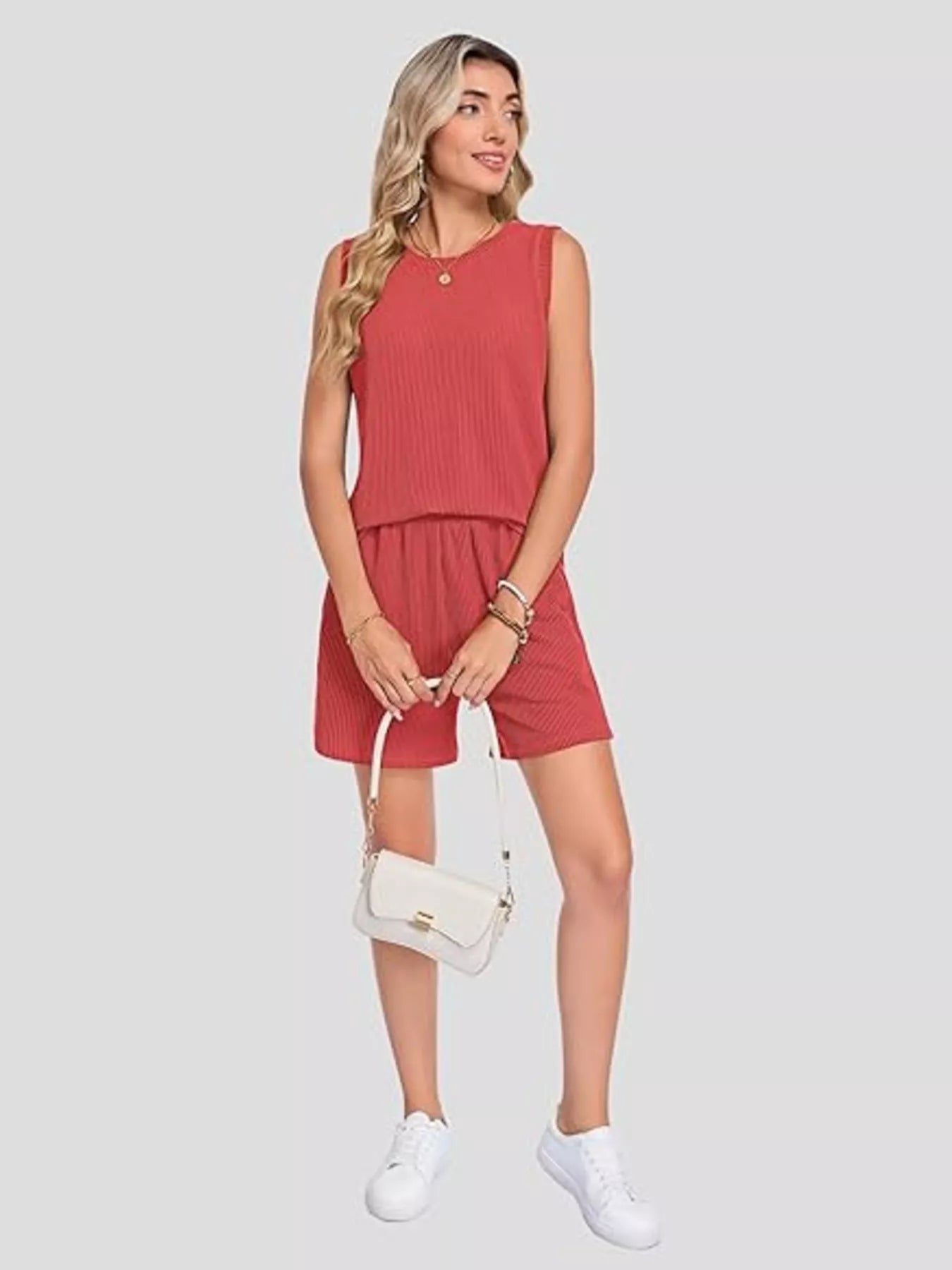 Casual Ribbed Knit Sleeveless Top and Shorts Set