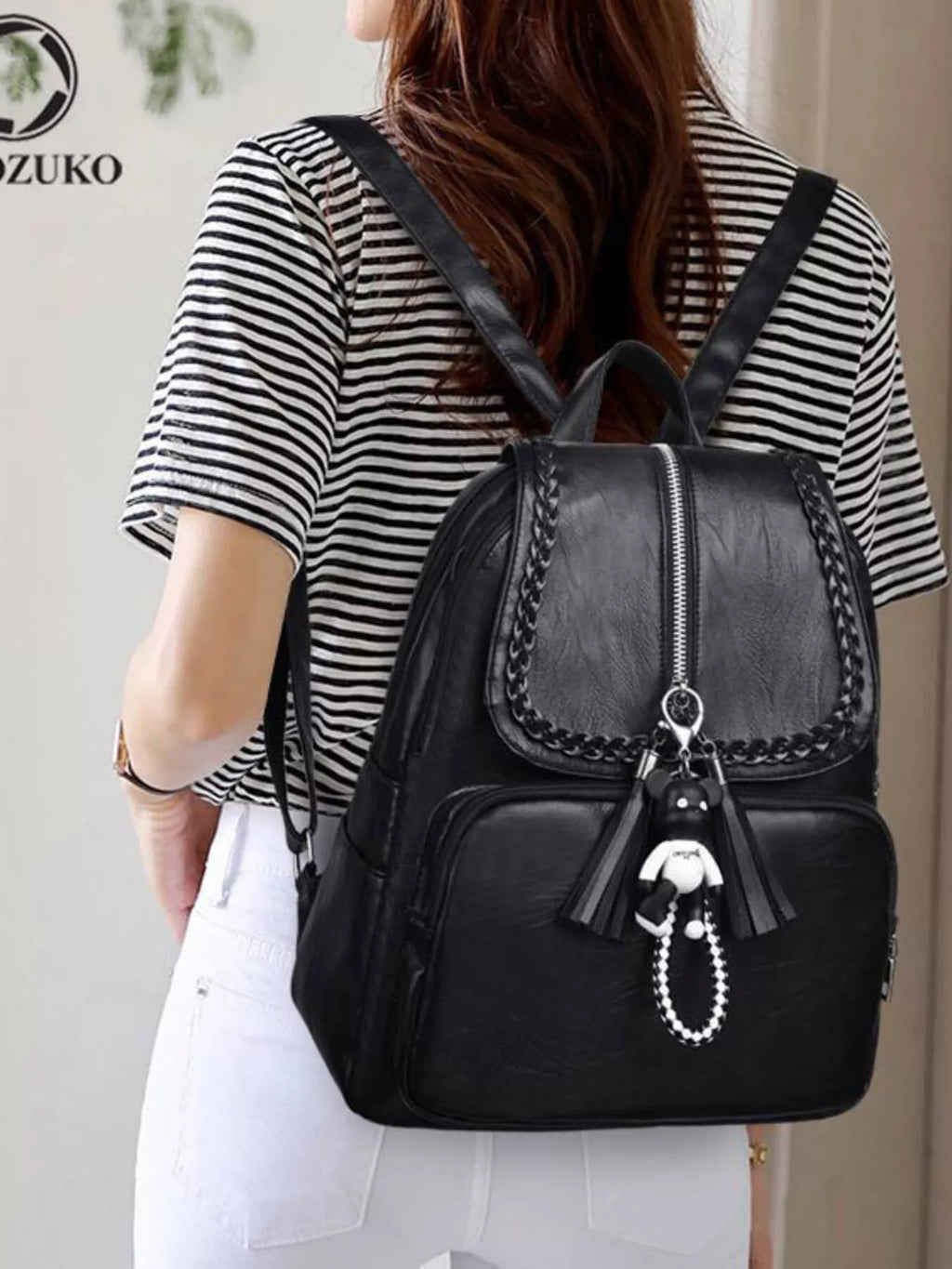Braided Trim Leather Backpack Bag