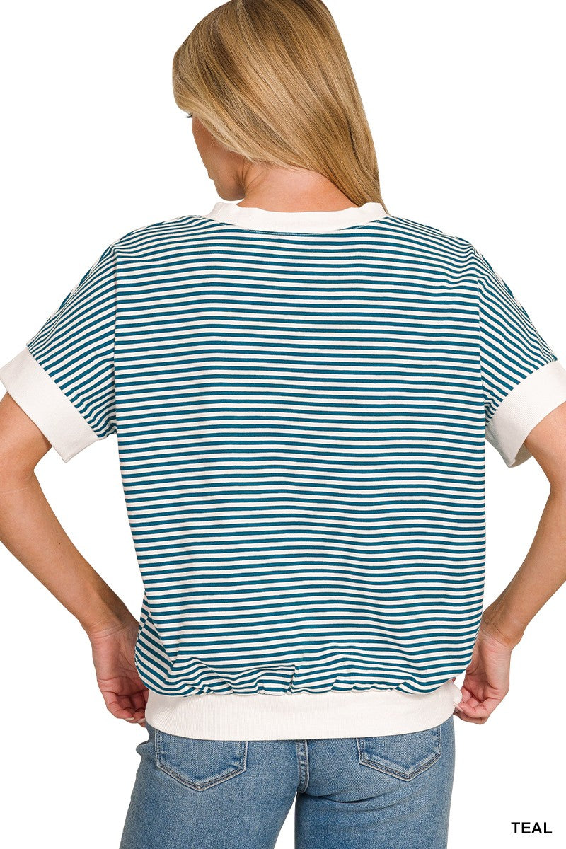 Zenana Stripe Contrast Trim Banded Bottom Top