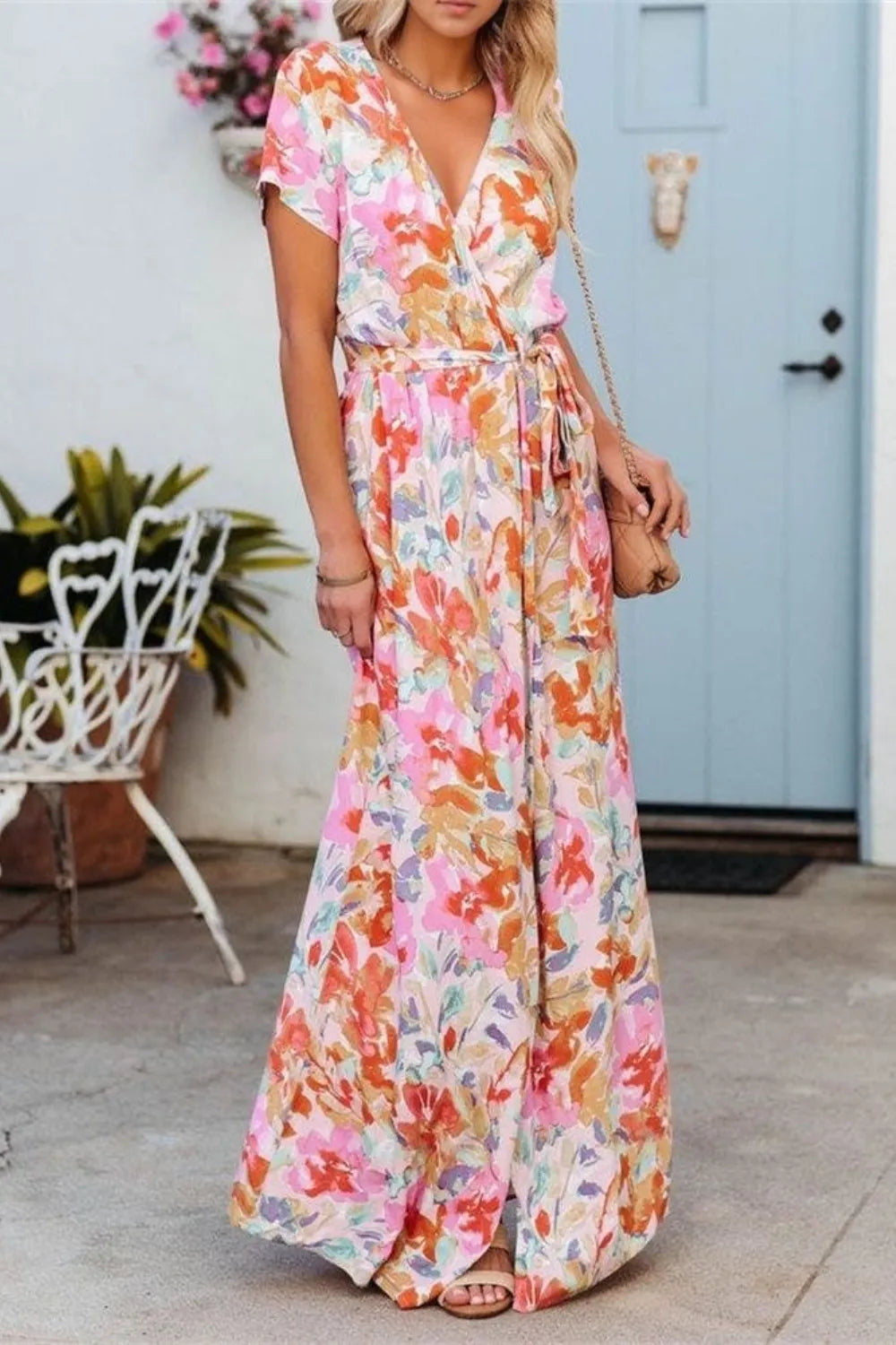 Printed Surplice Short Sleeve Tie Waist Maxi Dress