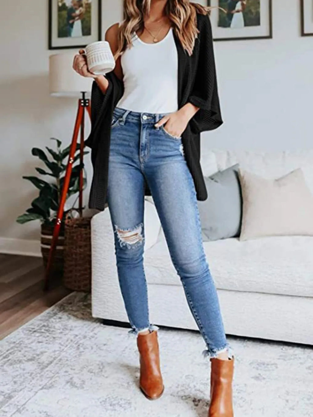 Full Size Open Front Waffle Knit Cardigan Plus Size