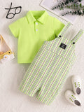 Children's Solid Color Polo & Plaid Overalls Set