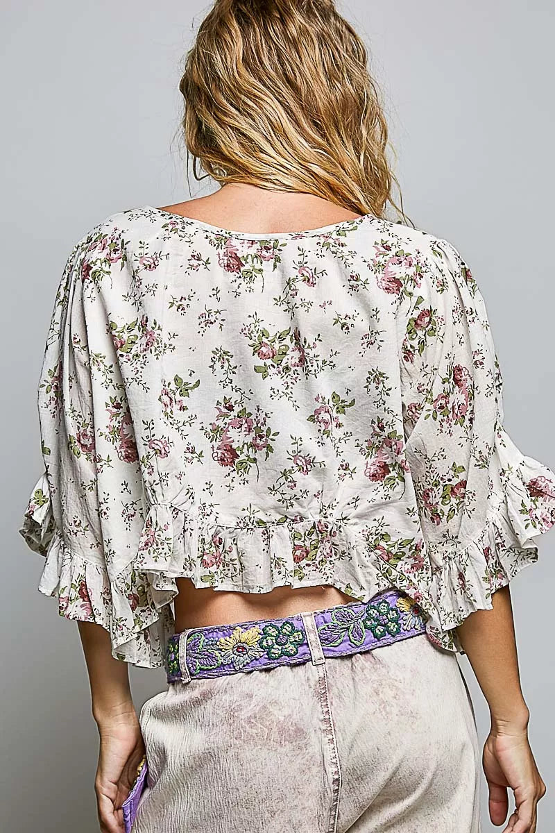 POL Ruffle Tie Front Cropped Floral Woven Flutter Sleeve Top