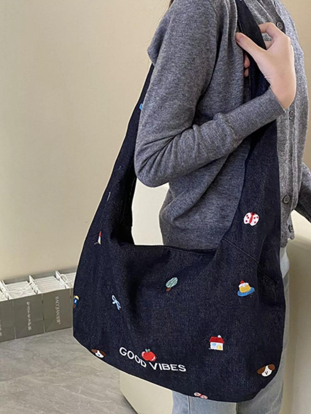 Embroidered Denim Crossbody Bag