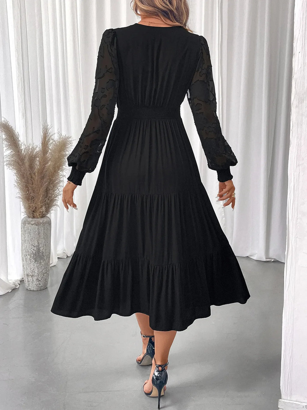 Lace Detail Lantern Sleeve Tiered Dress