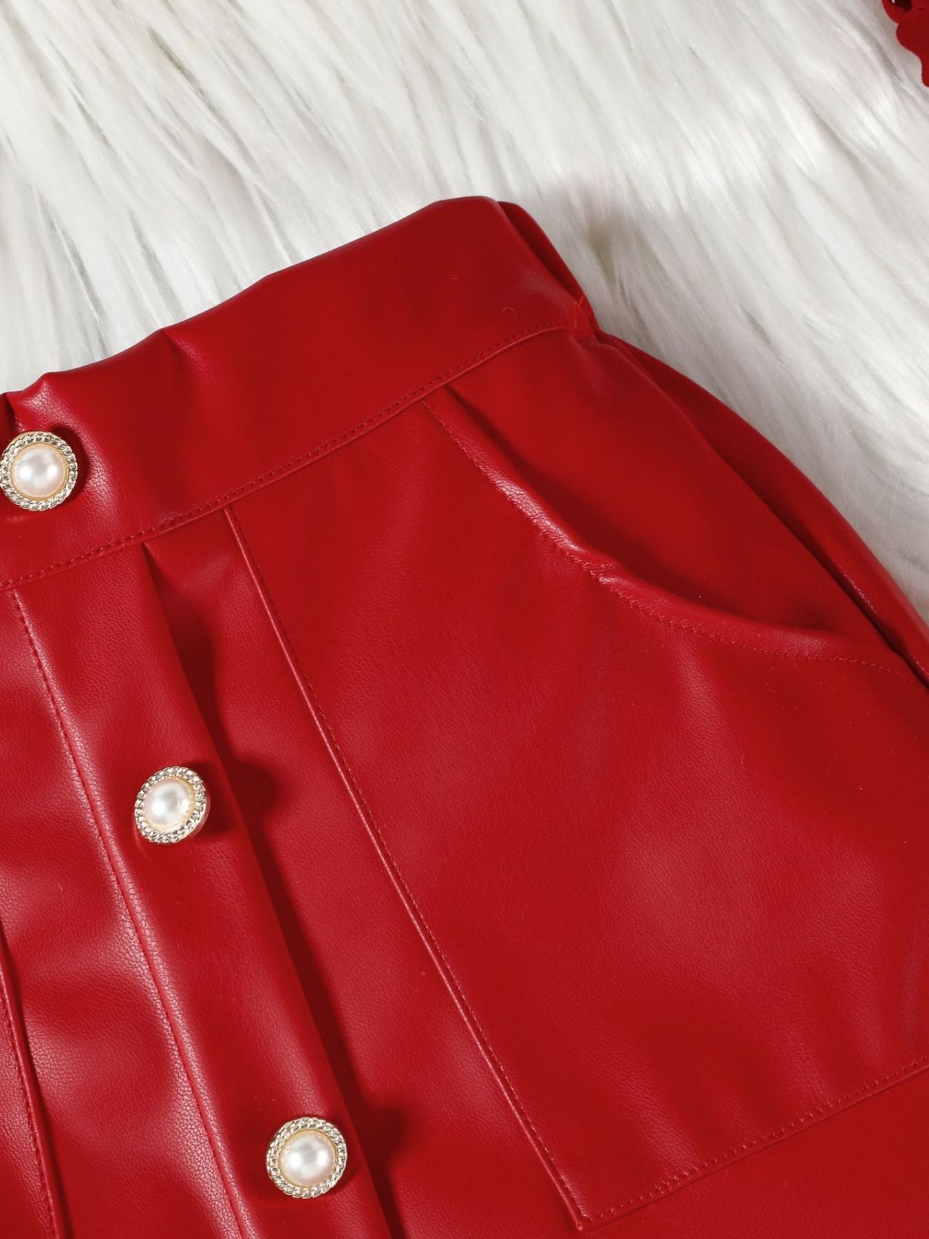 Children's Ruffled Trim Ribbed Top & Faux Leather Skirt Set
