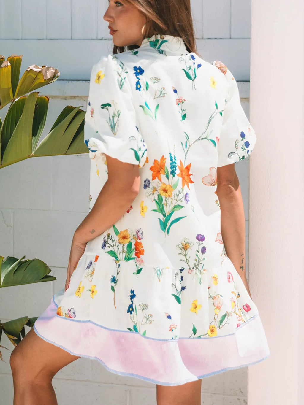 Floral Print Notched Short Sleeve Dress