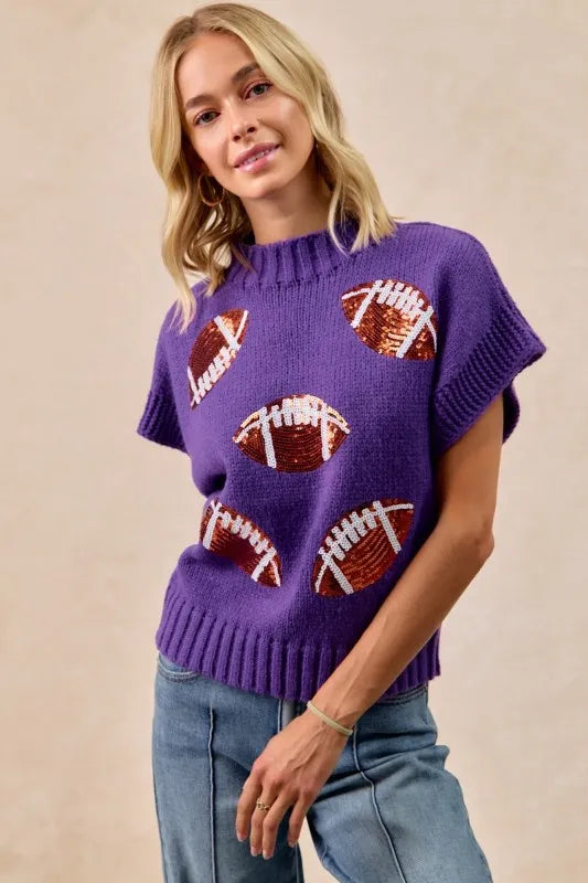 BiBi Gameday Sequin Football Patches Rib Banded Sweater