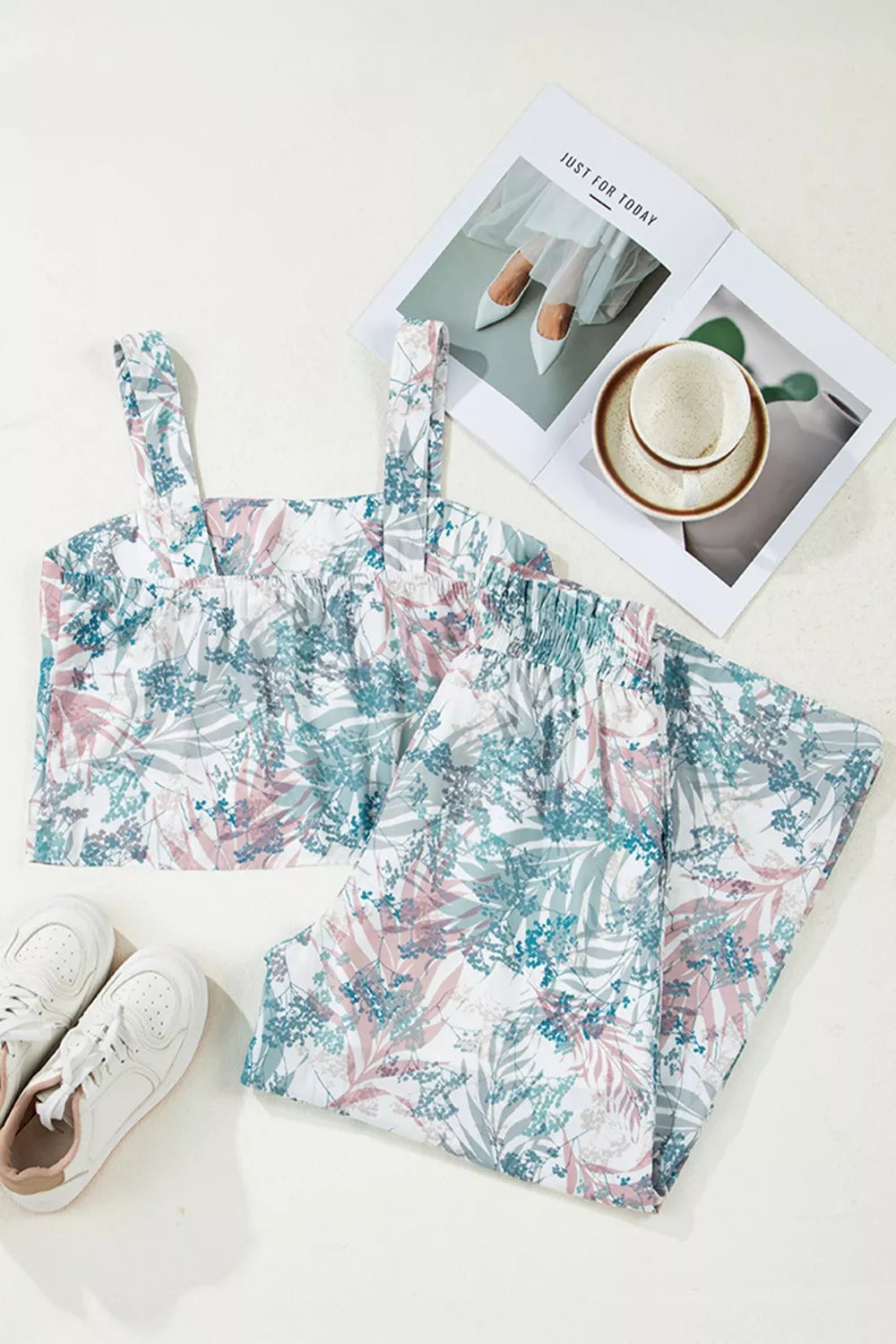 Floral Print Sleeveless Top and Wide Leg Pants Set