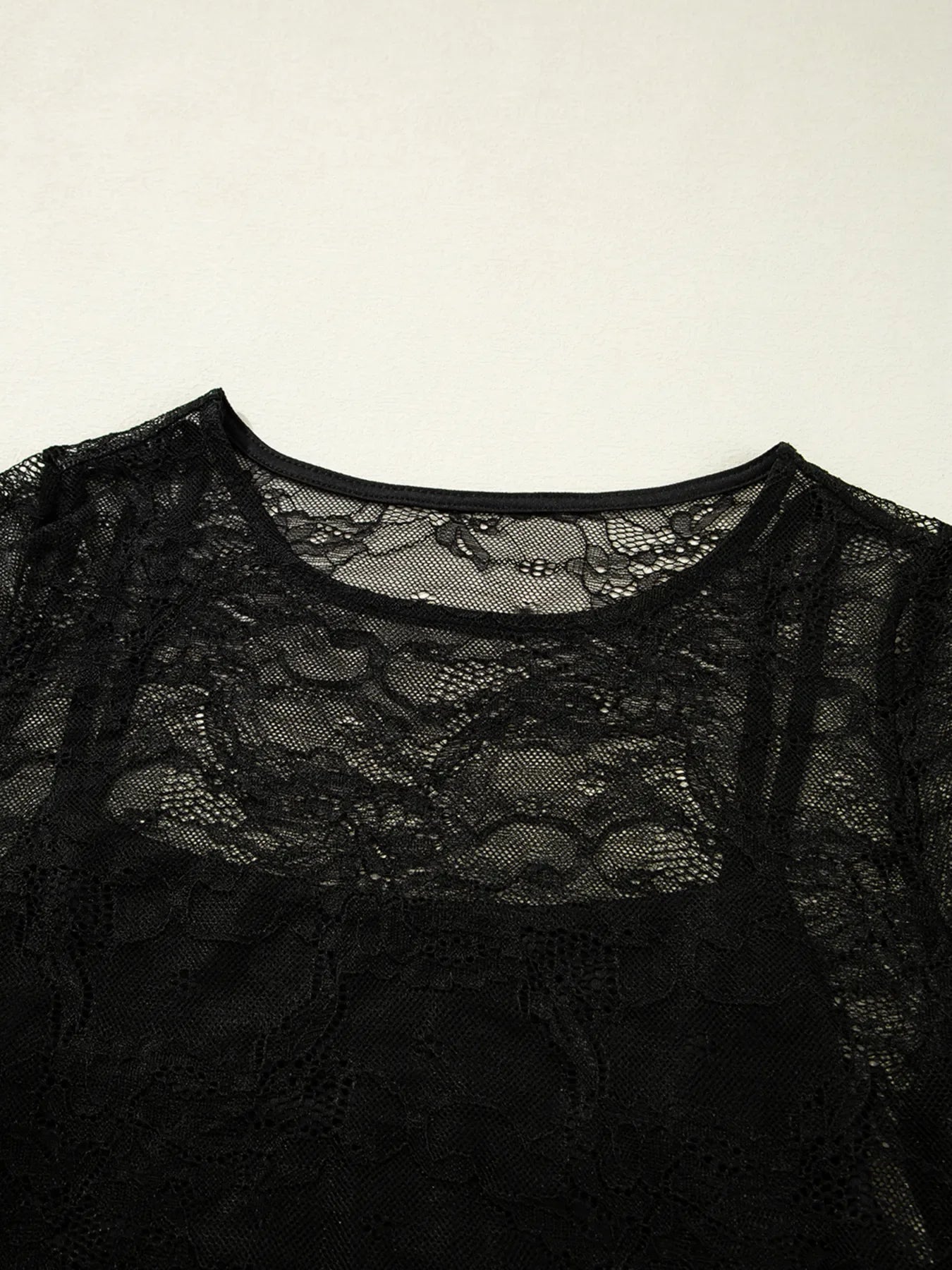 Lace Crochet Mesh Patched Slim Fit Long Sleeve Top