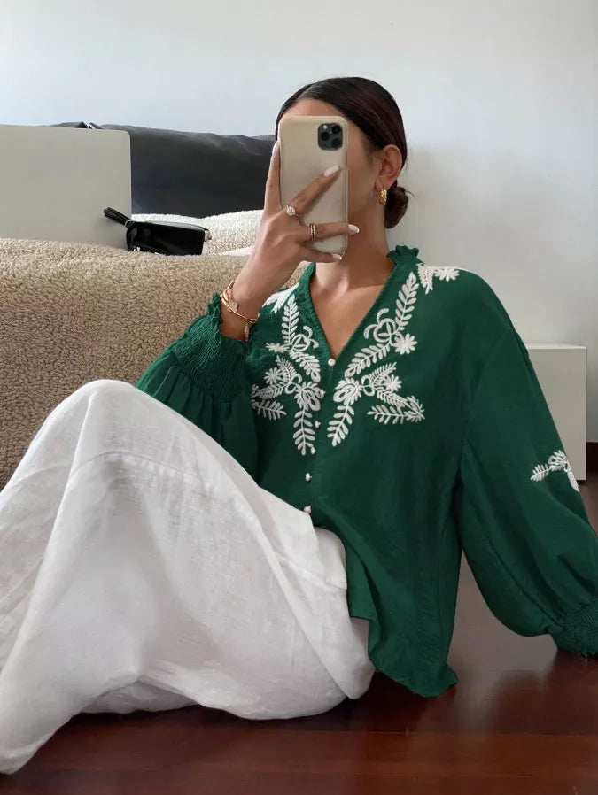 Embroidered Notched Long Sleeve Blouse