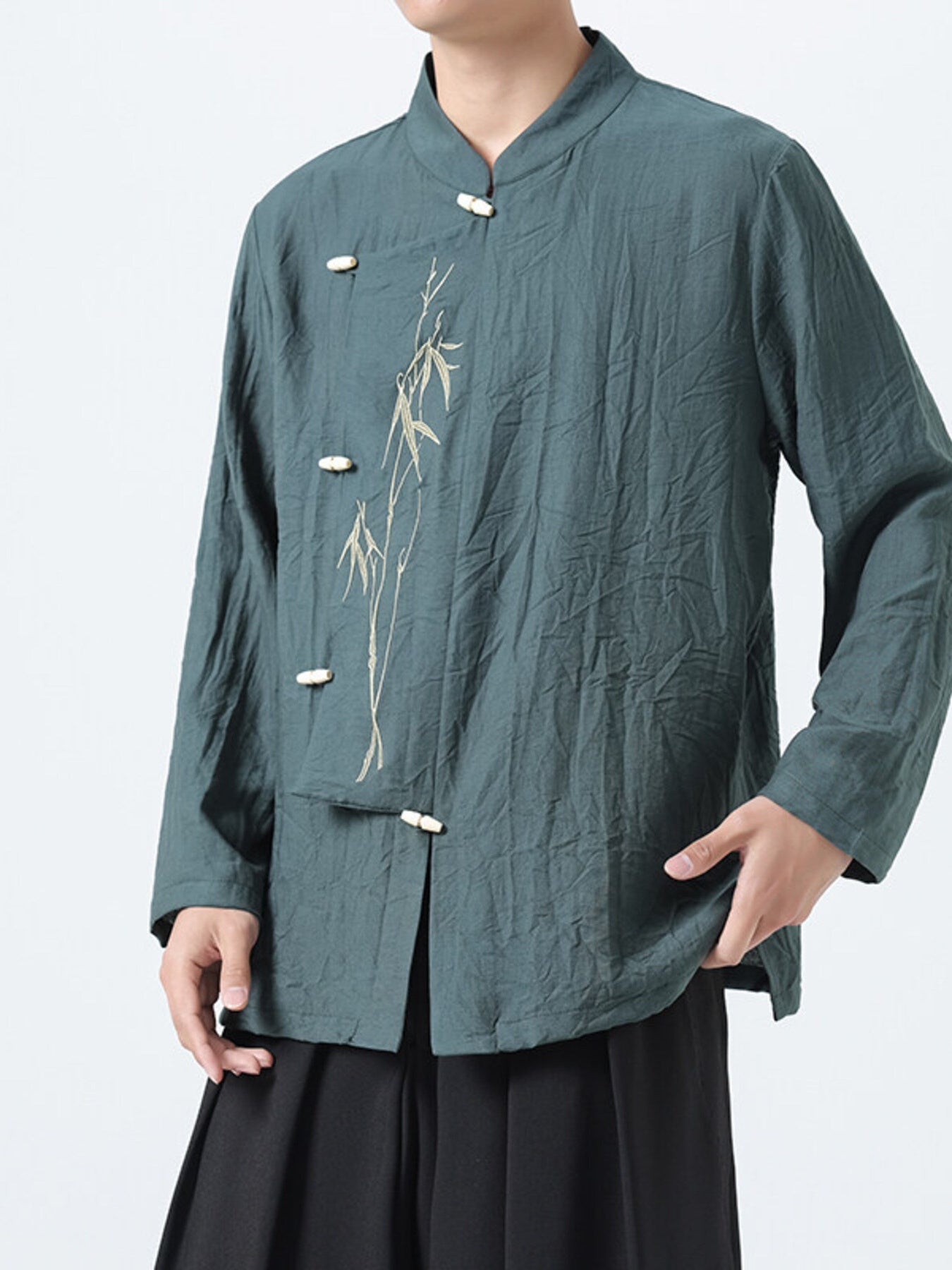Men's Plus Size Chinese Style Embroidered Bamboo Linen Shirt