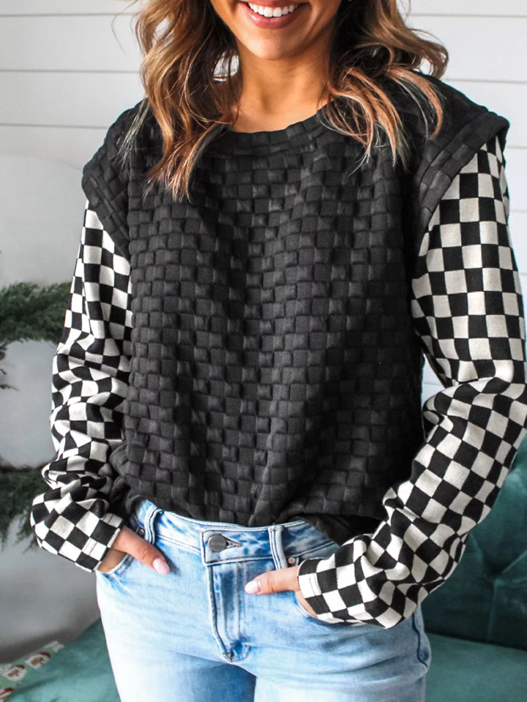 Textured Contrast Checkered Patchwork Long Sleeve Top
