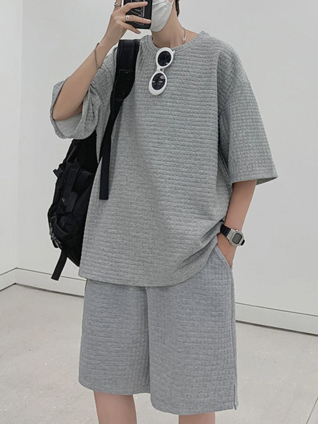 Men's Textured Short Sleeve T-Shirt and Shorts Set